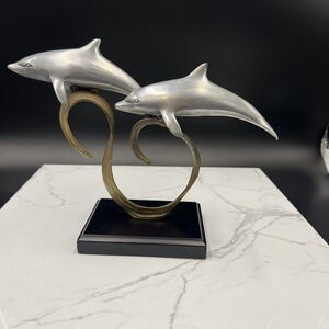 VINTAGE SPI GALLERY PAIR OF DOLPHINS PLAYING WAVES CAST METAL SCULPTURE